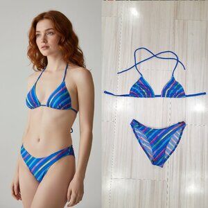 Vtg 80s blue colorful striped bikini